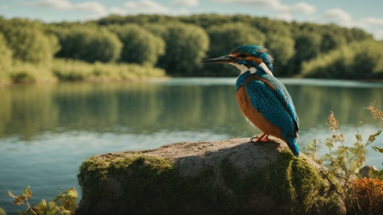Ein Eisvogel sitzt auf einem Stein an einem See
