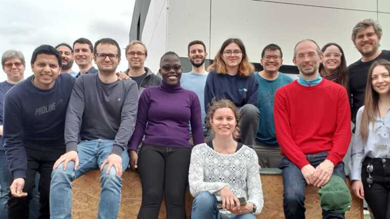 VEO Group and guests in front of the Lab building in Rosalind Franklin Street 2ilding in March 2023